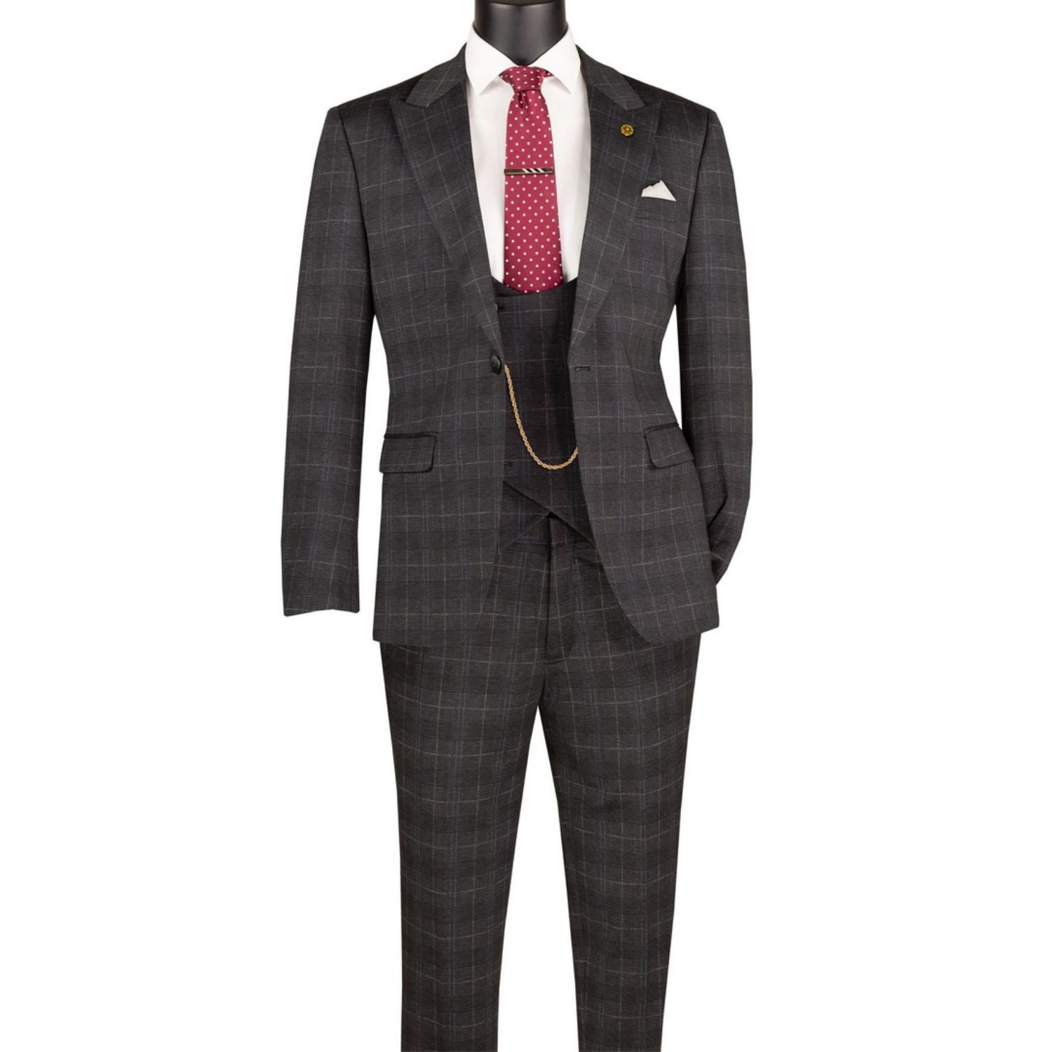 Men's black Glen Plaid 3-piece slim fit suit with matching vest and adjustable waistband