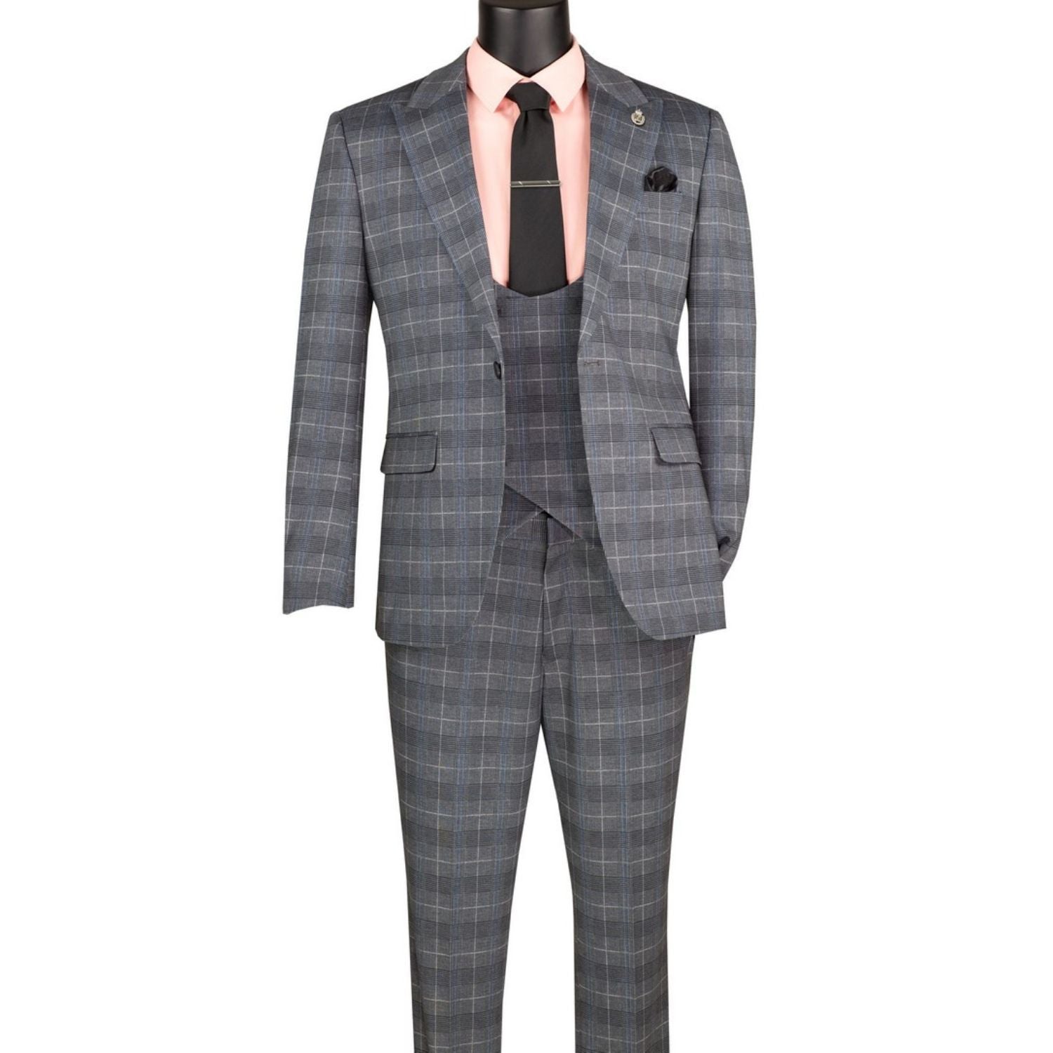 Men's grey Glen Plaid 3-piece slim fit suit with matching vest and adjustable waistband