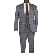 Grey Glen Plaid 3-Piece Slim Fit Suit with Stretch Fabric and Adjustable Waistband