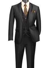 Men’s 3-Piece Satin Look Slim Fit Suit with Fancy Vest - Black