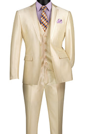 Men’s 3-Piece Satin Look Slim Fit Suit with Fancy Vest - Champagne Beige