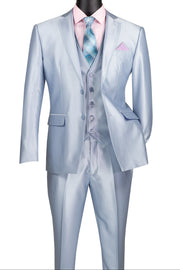 Men’s 3-Piece Satin Look Slim Fit Suit with Fancy Vest - Ice Blue
