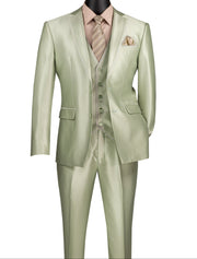 Men’s 3-Piece Satin Look Slim Fit Suit with Fancy Vest - Light Sage