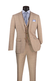 Men’s 3-Piece Slim Fit Windowpane Suit with Vest - Beige