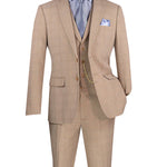 Barnard Collection: Men's Single Breasted Slim Fit Windowpane 3-Piece Suit in Beige
