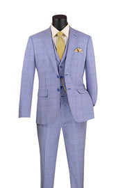 Men’s 3-Piece Slim Fit Windowpane Suit with Vest - Sky Blue