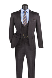 Men’s 3-Piece Slim Fit Glen Plaid Suit with Peak Lapel Vest - Black