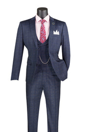 Men’s 3-Piece Slim Fit Glen Plaid Suit with Peak Lapel Vest - Navy
