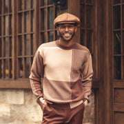 Brown Beige Color Block Knit Sweater Crew Neck Regular Fit