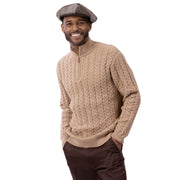 Men’s Beige Quarter-Zip Cable Knit Sweater by Montique
