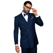 Men’s 3 Piece Classic Fit Suit with Double-Breasted Vest and Pleated Pants - Sapphire