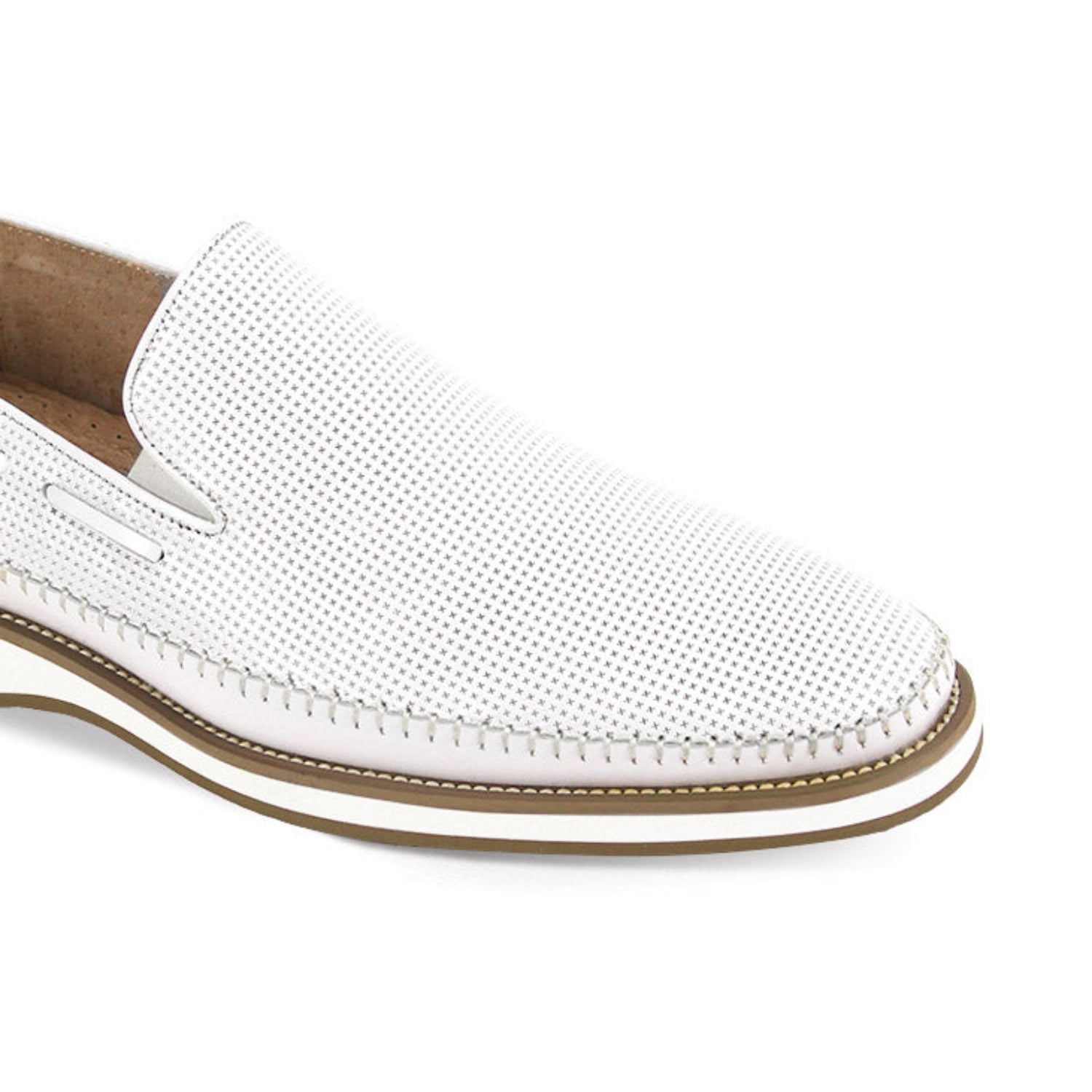 white genuine leather moc toe slip-on shoe perforated upper and stitched sole detail