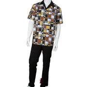 King Wing 2 Piece Short Sleeve Walking Suit with Mosaic Pattern Shirt - Black Multi Color