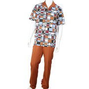 King Wing 2 Piece Short Sleeve Walking Suit with Mosaic Pattern Shirt - Brown Multi Color