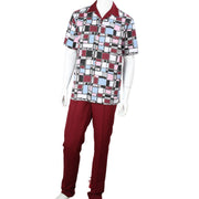 King Wing 2 Piece Short Sleeve Walking Suit with Mosaic Pattern Shirt - Burgundy Multi Color