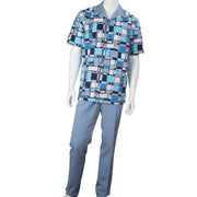 King Wing 2 Piece Short Sleeve Walking Suit with Mosaic Pattern Shirt - Blue Multi Color