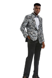 Floral Shawl Collar Single-Breasted Blazer with Bow Tie - Silver