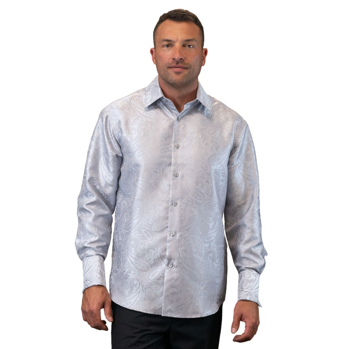 High-Quality Silver Fancy Woven Long Sleeve Shirt, LARGE