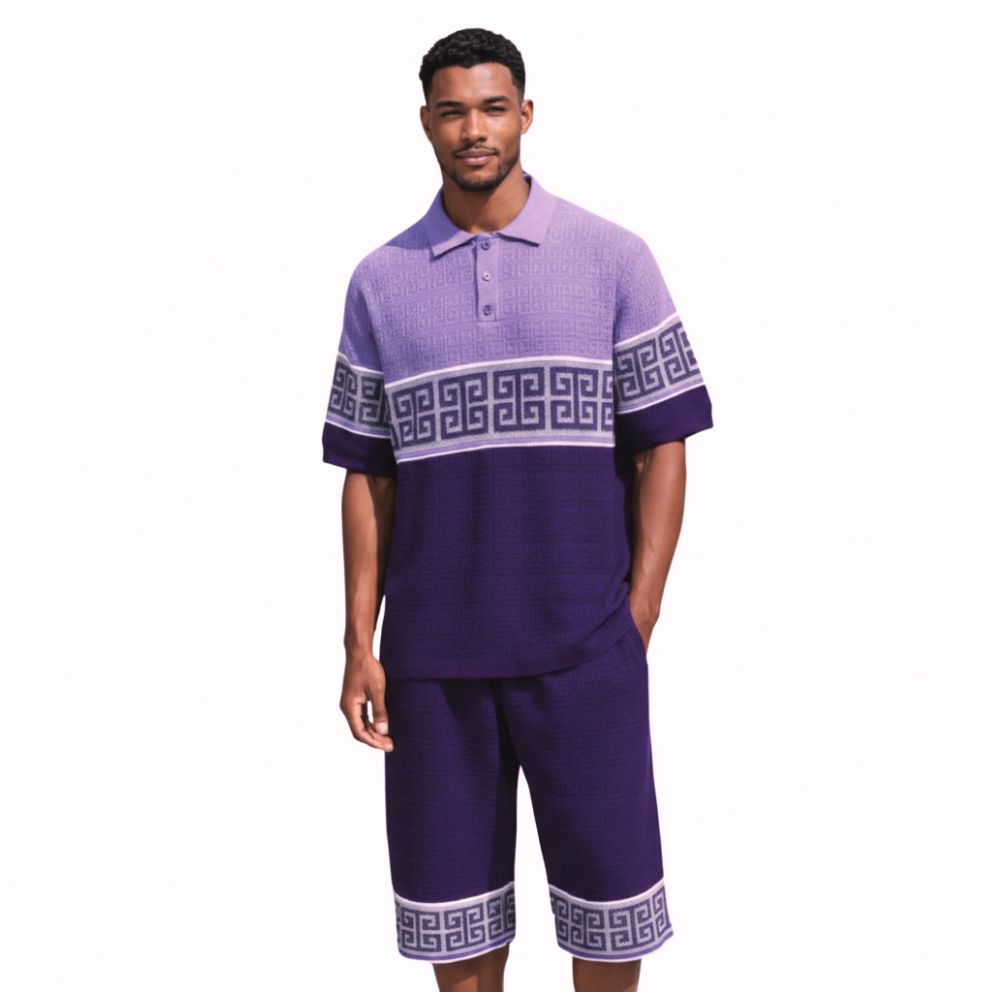 purple greek key knit polo and shorts set by stacy adams