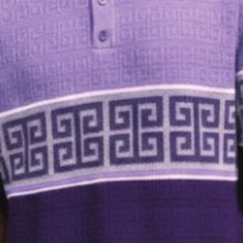 close-up of purple knit polo shirt with greek key border pattern