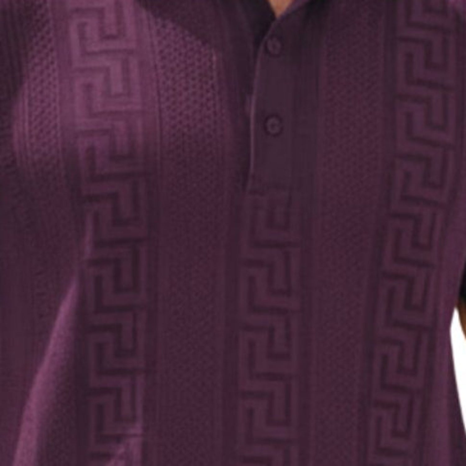 Purple textured knit polo shirt detail showing the structured collar and three-button placket.