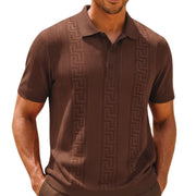 Brown Greek Key Textured Knit Polo Shirt by Stacy Adams
