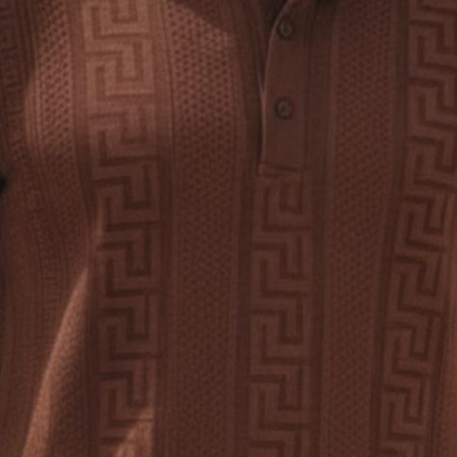 Brown textured knit polo shirt detail showing the structured collar and three-button placket.