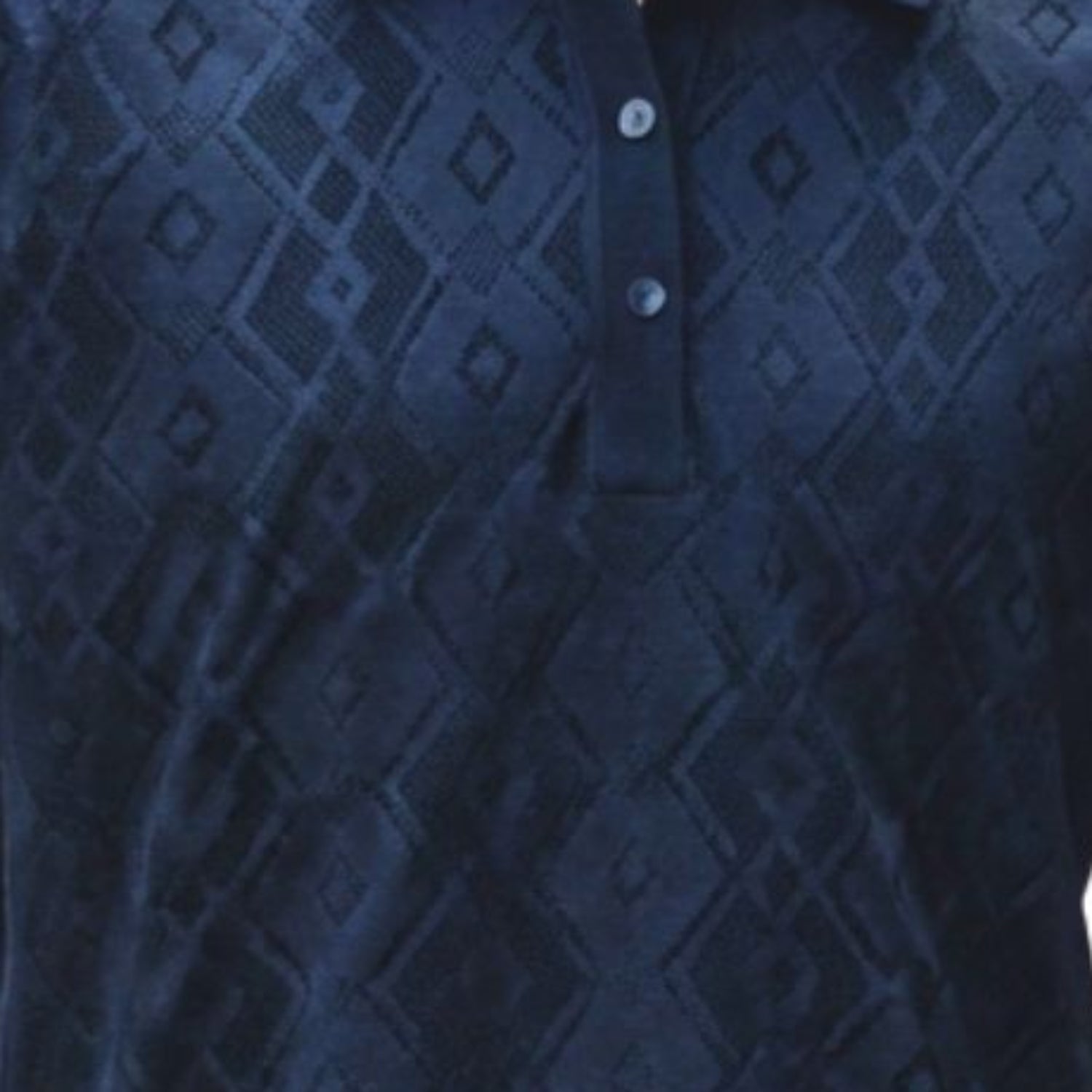 Close-up of the navy textured knit fabric highlighting the diamond motif and buttons