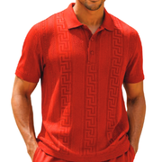 Red Greek Key Textured Knit Polo Shirt by Stacy Adams