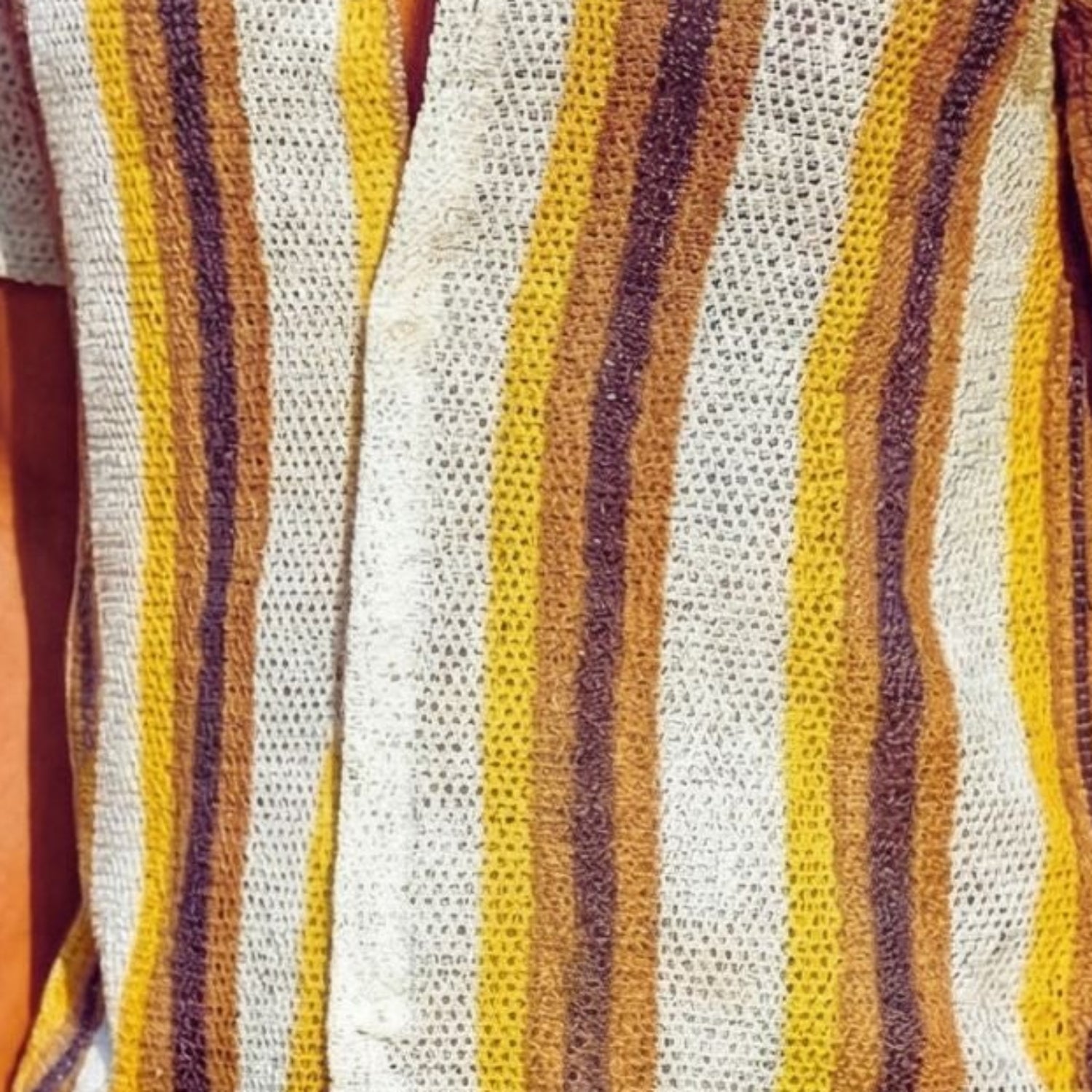 Close-up of beige multi-tone vertical stripe fabric on Stacy Adams short sleeve shirt