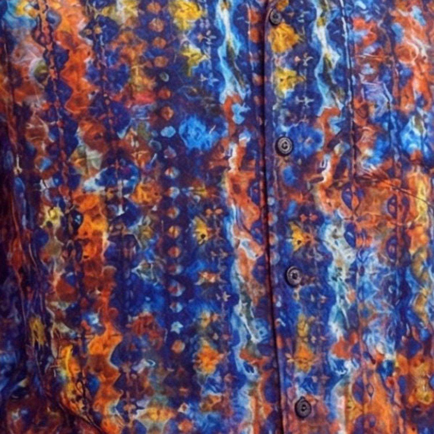 Close-up of the navy shirt showing the abstract print and textured linen blend fabric.