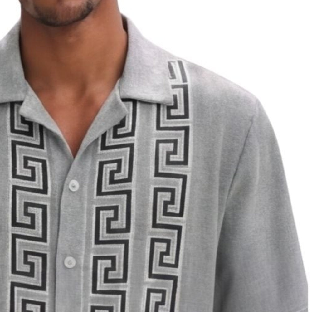 navy short sleeve walking suit shirt with Greek key knit front panel detail