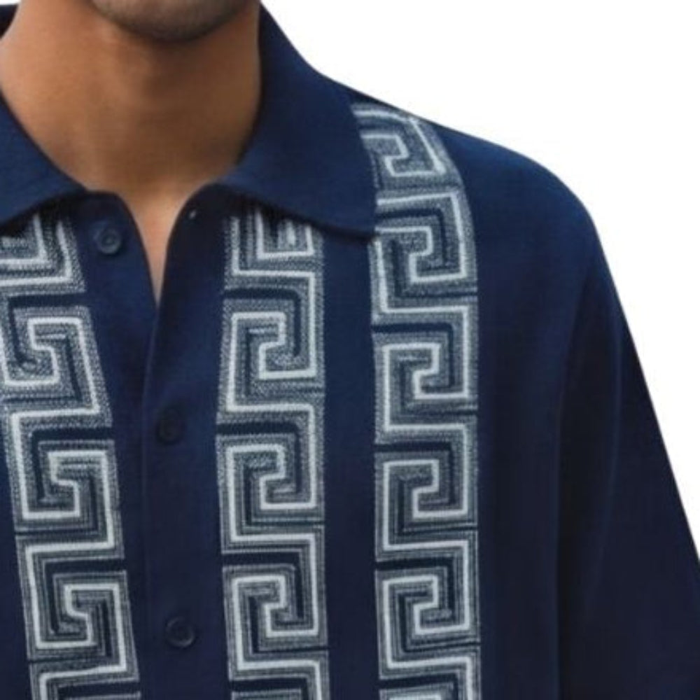 navy short sleeve walking suit shirt with Greek key knit front panel detail
