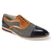 Navy & Tan Cap Toe Leather and Tweed Lace Up Dress Shoes