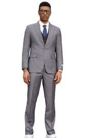 Pinstripe 3-Piece Hybrid Fit Suit with Reversible Vest - Steel Grey