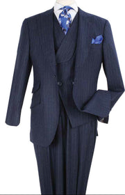 Navy 3 Piece Wool Stripe Suit Full Cut