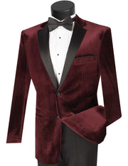 Men’s Slim Fit Velvet 2-Button Tuxedo with Satin Peak Lapel - Wine