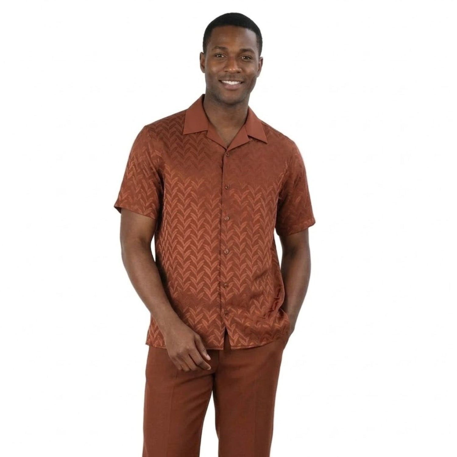 Brown textured 2-piece walking suit set classic fit front view