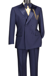 Men’s 2-Piece Double-Breasted Tuxedo with Satin Peak Lapel and Flat Front Pants - Navy