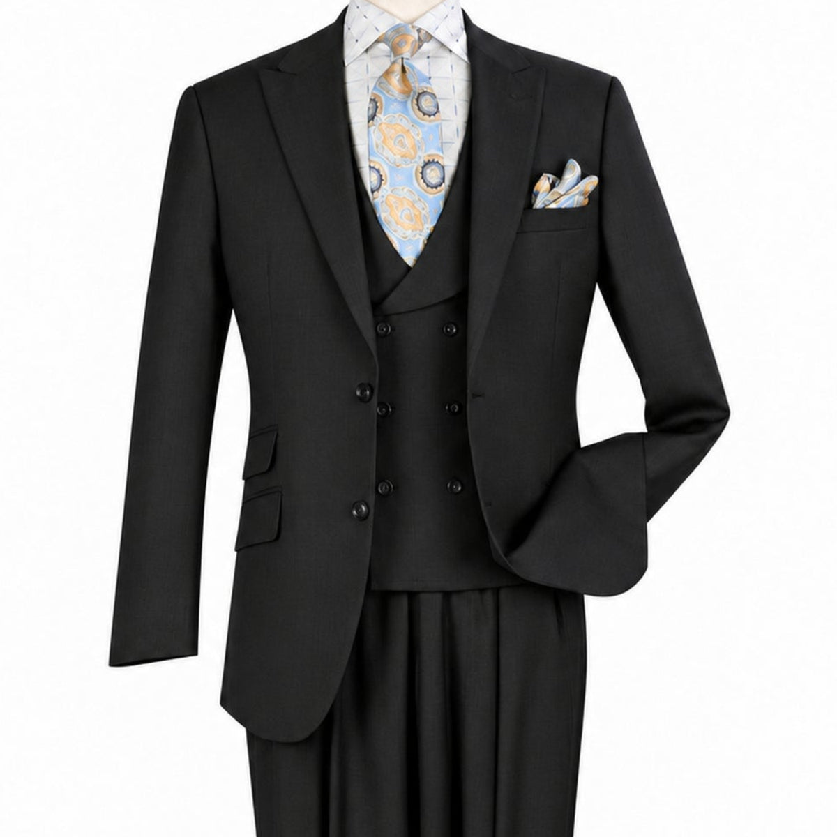 Three-quarter view of men’s black three-piece suit showing the two-button jacket and matching vest