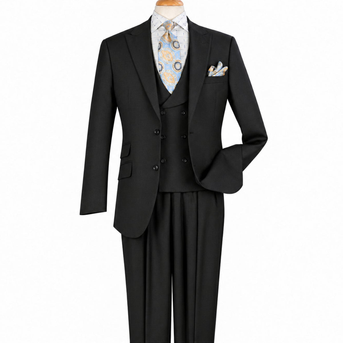 Front view of men’s black 100% wool three-piece suit with double-breasted vest and pleated trousers