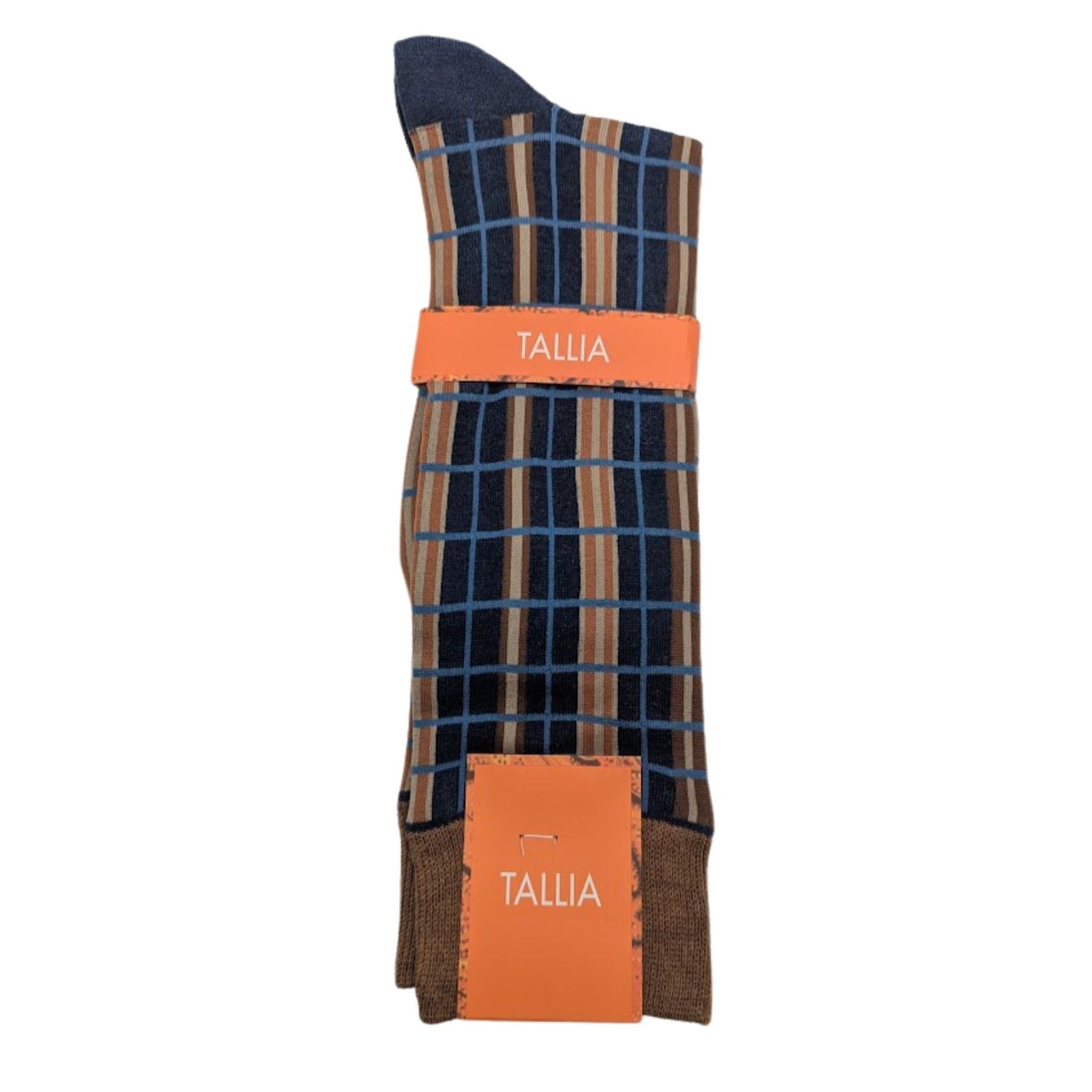 brown navy windowpane plaid dress socks with orange Tallia label