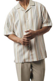 Tan 2 Piece Vertical Stripe Short Sleeve Walking Suit