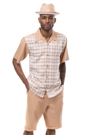 Montique Tan Checker Plaid Walking Suit - 2 Piece Short Pants Set