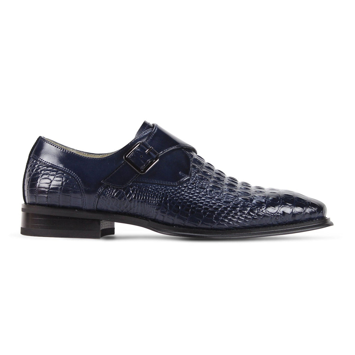 Side view of the men's navy single monk strap dress shoe with metal buckle