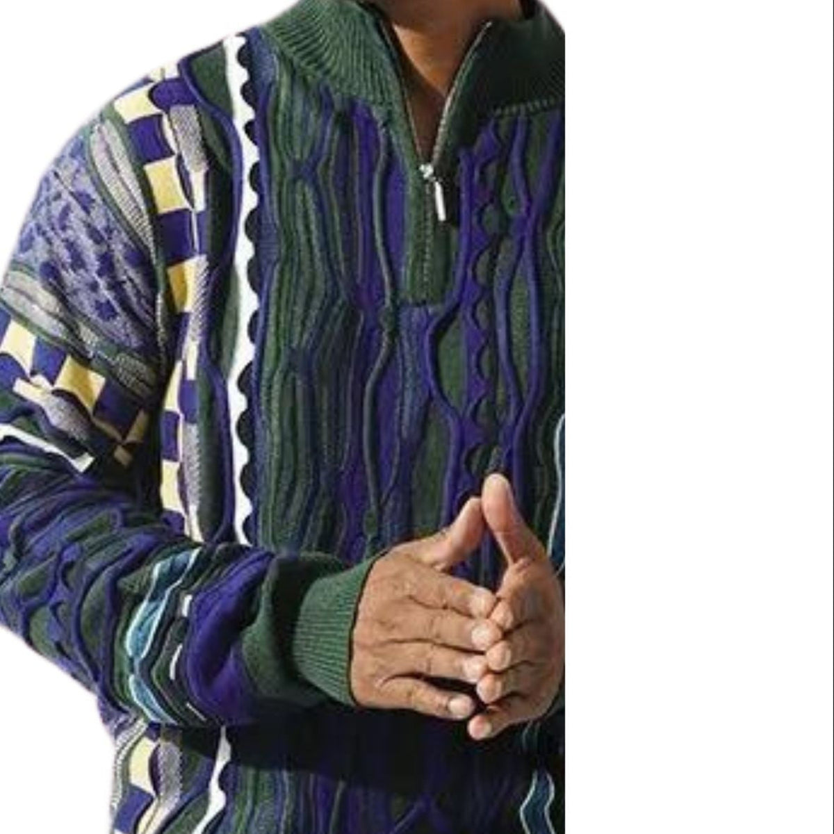 close up of teal green geometric quarter zip sweater pattern