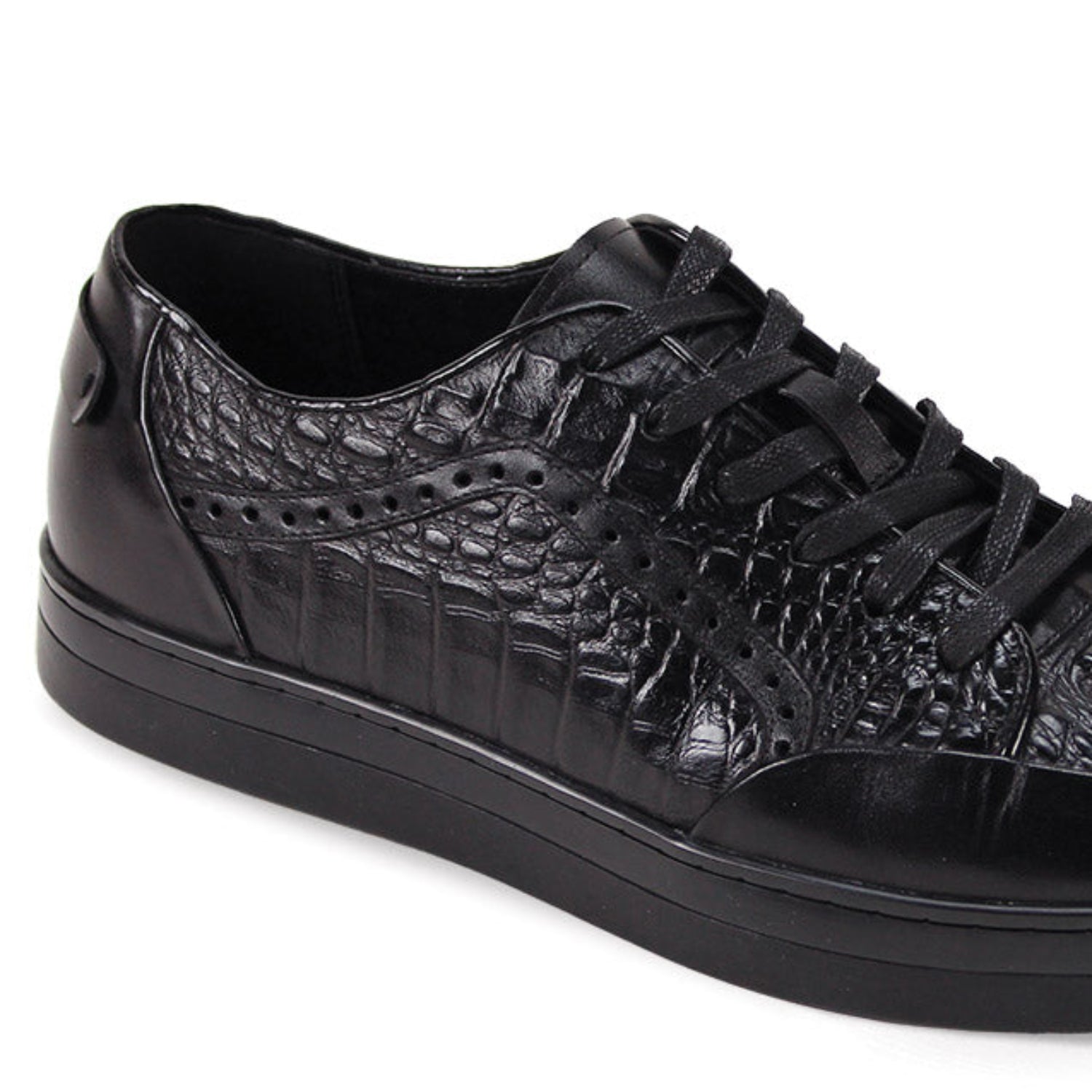Close-up of black croc-embossed leather texture and smooth leather paneling.