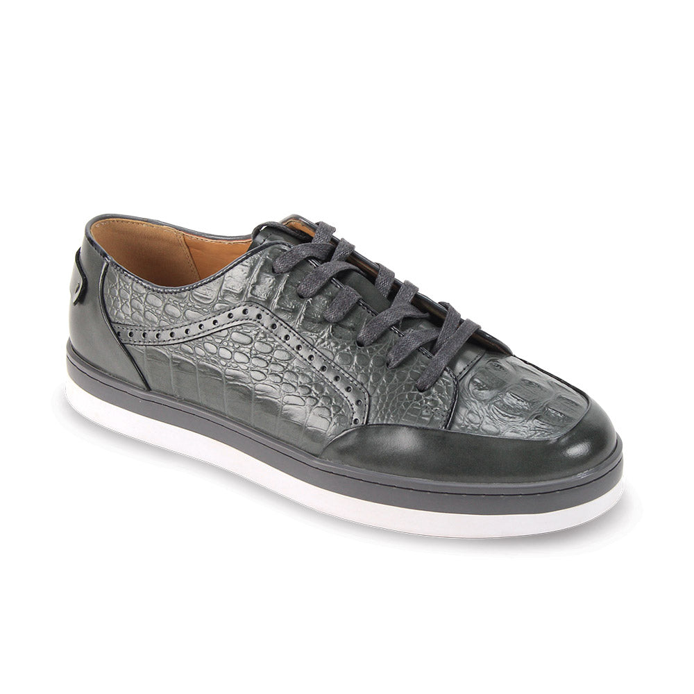 Grey coco-print and smooth leather lace-up sneaker side profile view
