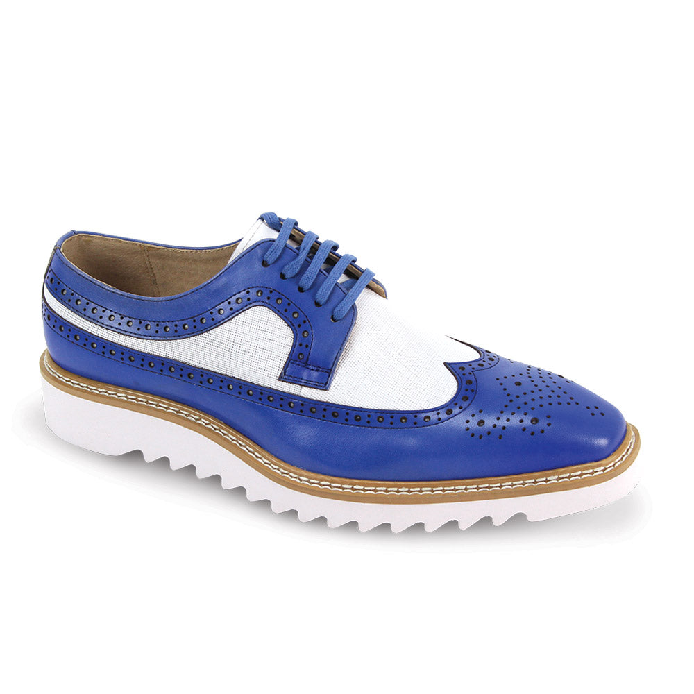blue & white wingtip lace-up leather and fabric dress shoes for men