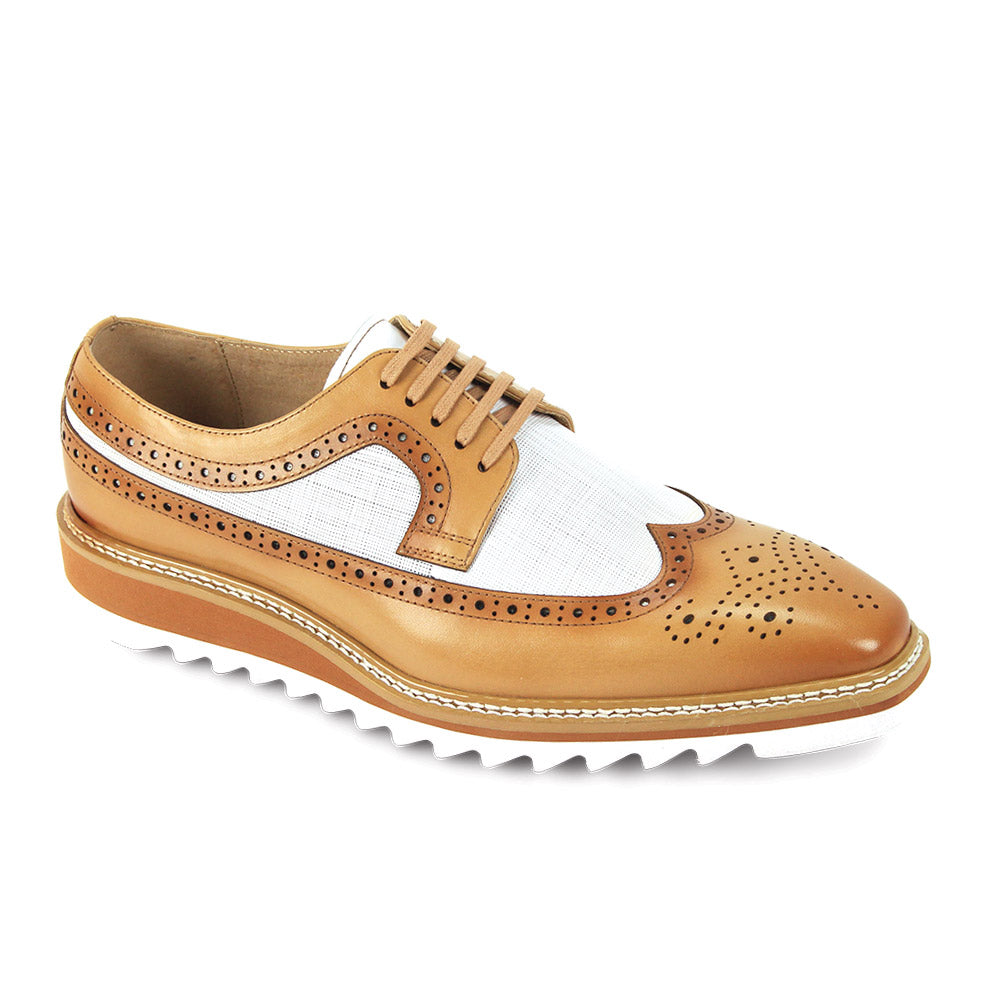 latte and white wingtip lace-up leather and fabric dress shoes for men
